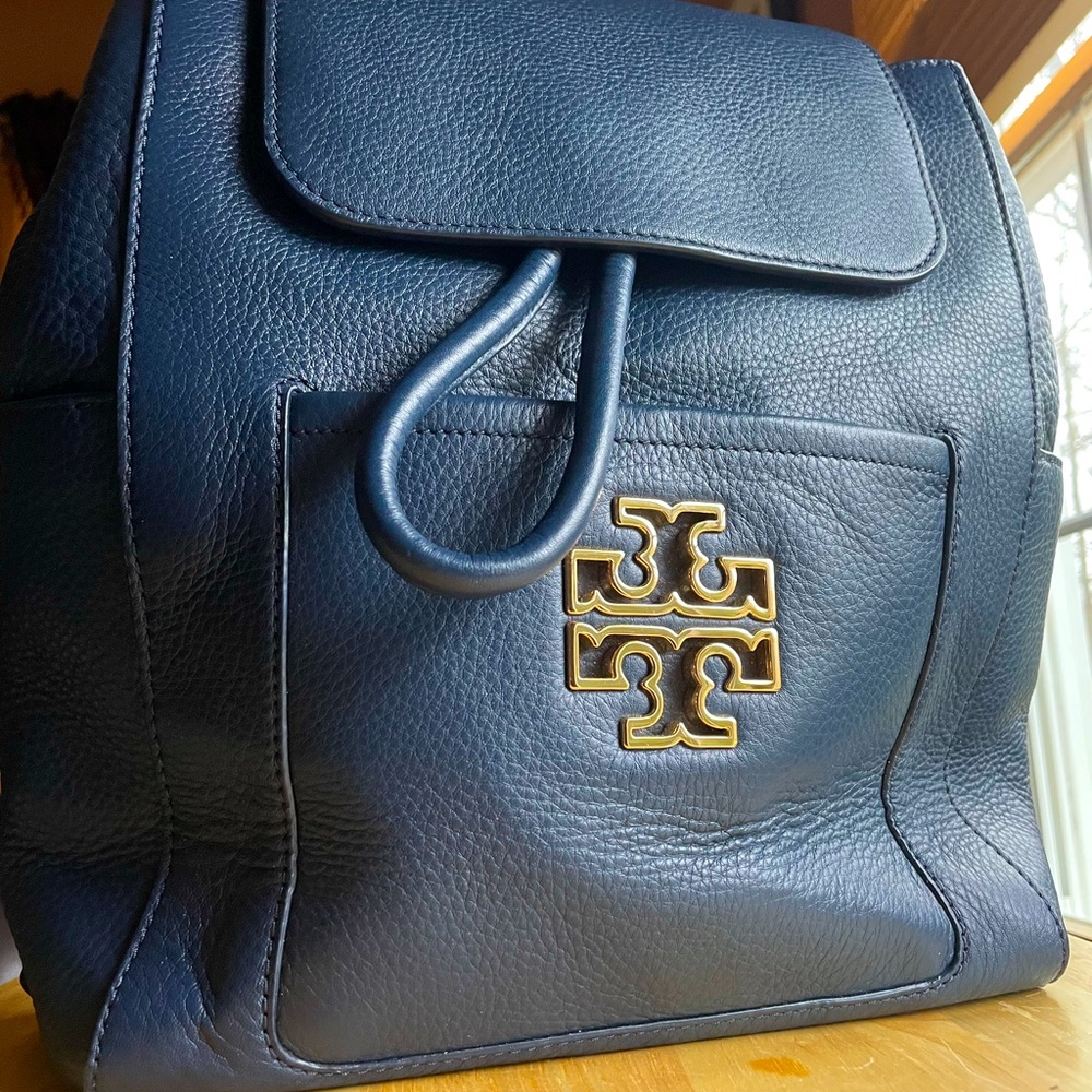 Tory Burch Britten Leather Backpack in Hudson Bay Navy Blue